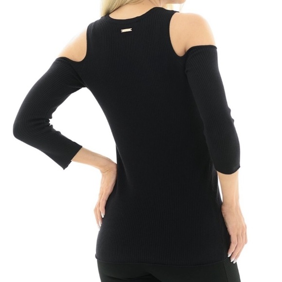 Ellen Tracy Black With Gold Chain Accent Cold Shoulder Sweater Sz S - Picture 3 of 11